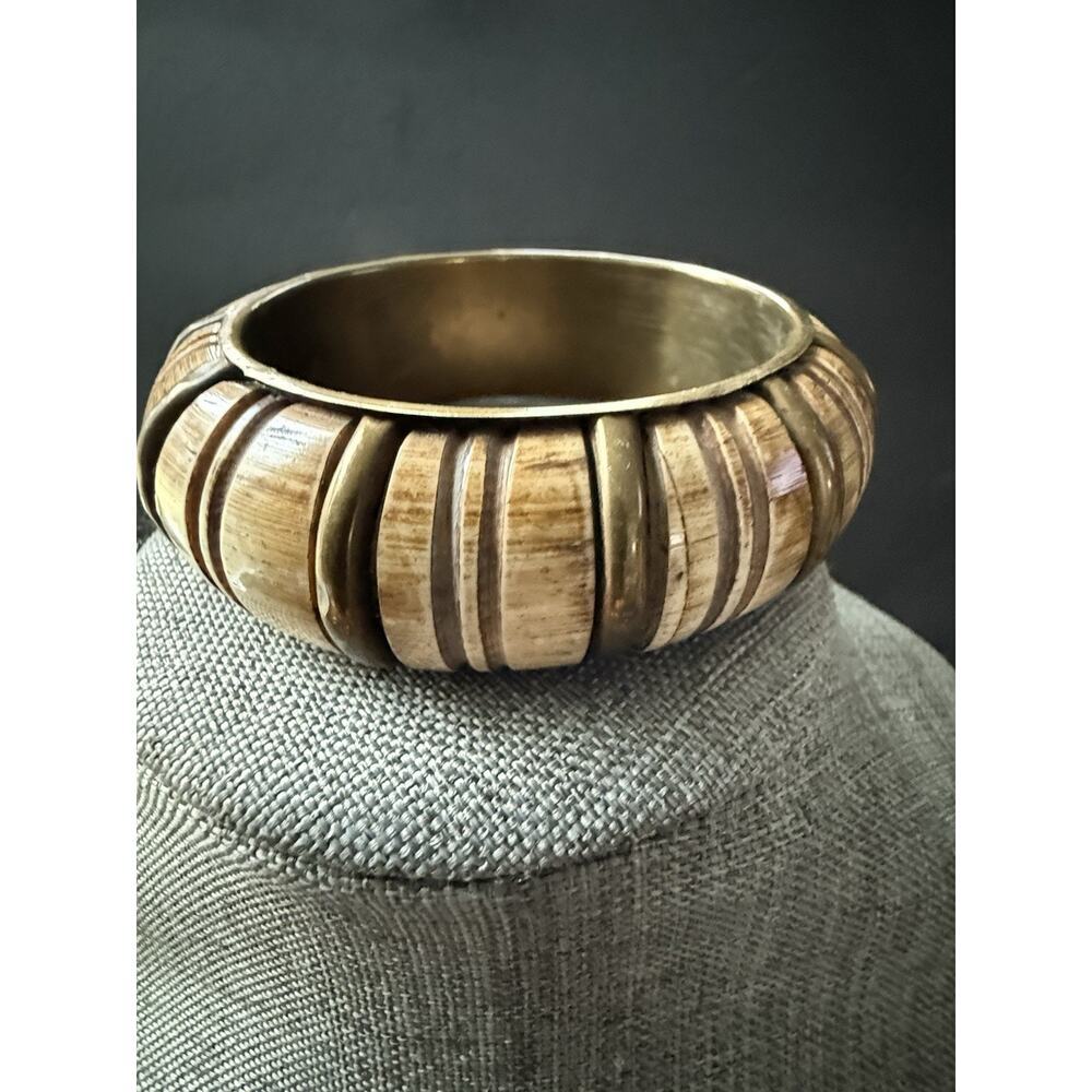 Vintage Wood Brass Bangle Bracelet Carved Chunky Maximalist Brown 80s 90s Boho